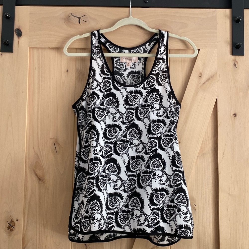 Philosophy black & white silky razorback dress tank S
